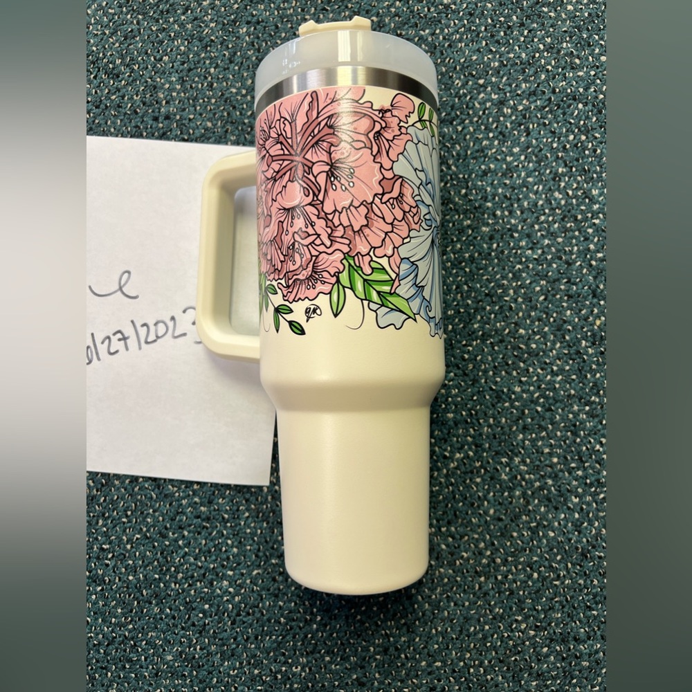 Stanley Cream Travel Mug with Pink and Blue Floral Design